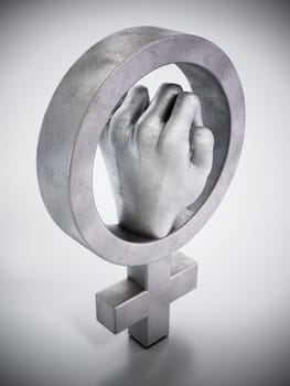 Iron fist inside the female symbol. 3D illustration.
