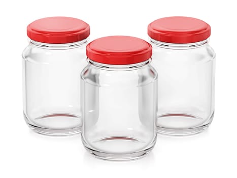 Empty glass jars with red lids isolated on white background. 3D illustration.