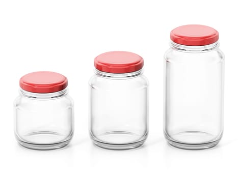 Empty glass jars with red lids isolated on white background. 3D illustration.