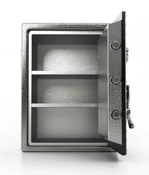 Open steel safe isolated on white background. 3D illustration.