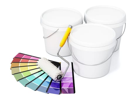 Blank white plastic paint buckets, paint roller and color cartela isolated on white background. 3D illustration.