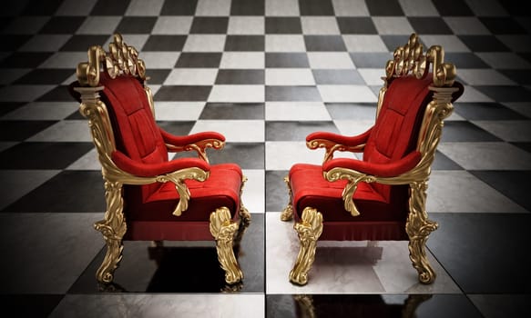 Opposing two thrones standing on checkered board. 3D illustration.
