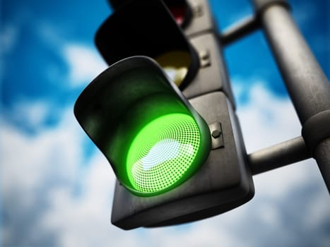 Traffic lamp with green light on against blue background. 3D illustration.