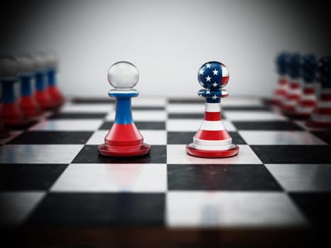 Russian and American flag textured pawns on chessboard. 3D illustration.