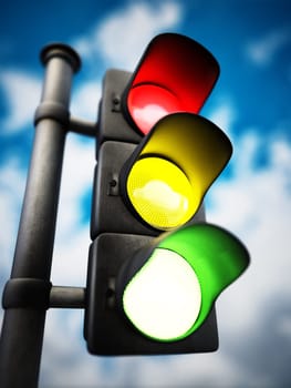 Traffic lamp with red, yellow and green lights on against blue background. 3D illustration.