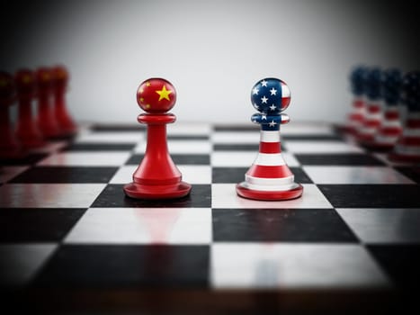 Chinese and American flag textured pawns on chessboard. 3D illustration.