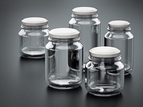 Empty glass jars with white lids isolated on black background. 3D illustration.