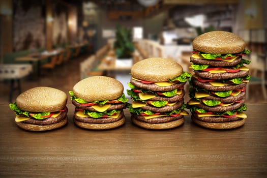 Hamburgers standing on the burger shop counter. 3D illustration.