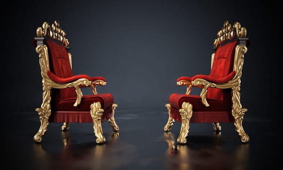 Opposing two thrones standing on black surface. 3D illustration.