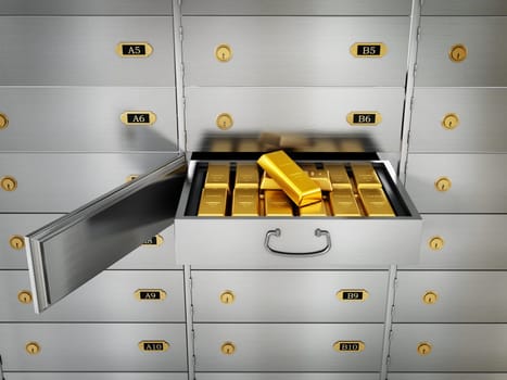 Gold ingots inside private bank deposit box. 3D illustration.