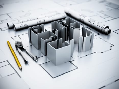 Architectural plans, house model, pencil and compasses. 3D illustration.