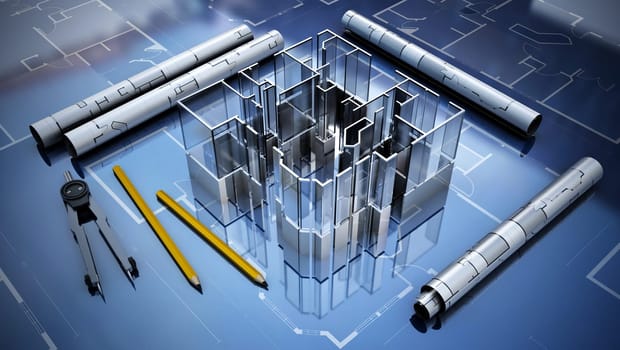 Architectural plans, house model, pencil and compasses. 3D illustration.