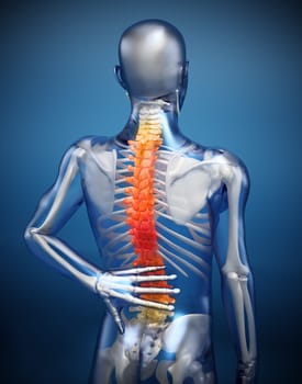 3D illustration showing back pain or pain on the spine.