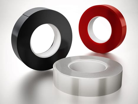 Black, white and red electrical tapes isolated on white background. 3D illustration.