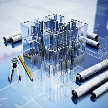 Architectural plans, house model, pencil and compasses. 3D illustration.