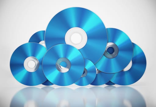 Bluray discs arranged as a cloud symbol. Data storage concept. 3D illustration.