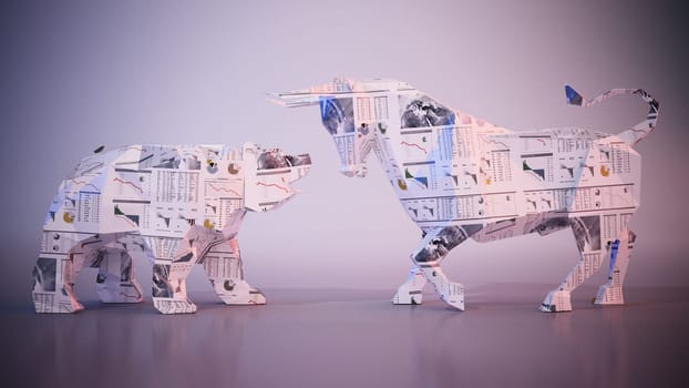 Financial numbers and charts on low poly bull and bear. 3D illustration.