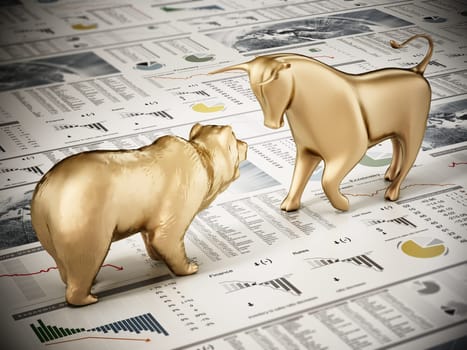 Golden bull and bear standing on finance newspaper page. 3D illustration.