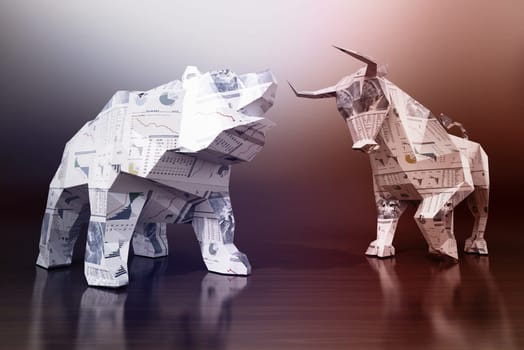 Financial numbers and charts on low poly bull and bear. 3D illustration.