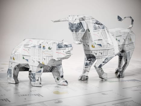 Low poly bull and bear standing on finance newspaper page. 3D illustration.