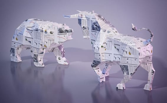 Financial numbers and charts on low poly bull and bear. 3D illustration.