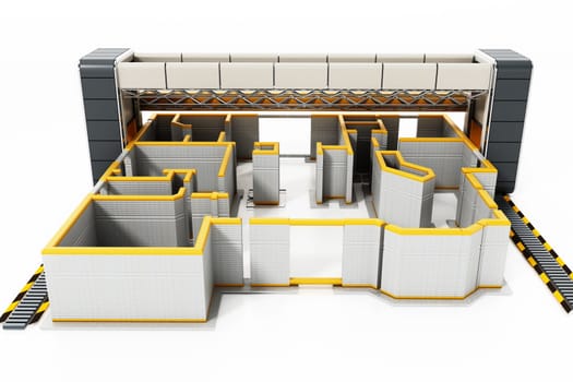 Giant 3D printer and 3D printed house exterior. 3D illustration.