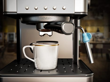 Coffee machine with a cup of fresh coffee. 3D illustration.