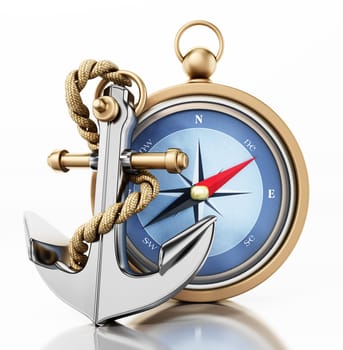 Compass and anchor isolated on white background. 3D illustration.