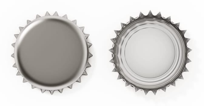 Bottle caps top and rear view isolated on white background. 3D illustration.