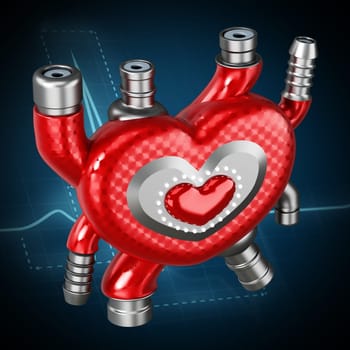Artificial heart on heartbeat background. 3D illustration.