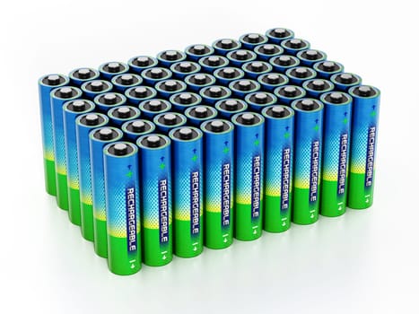 Group of AA sized rechargeable batteries isolated on white background. 3D illustration.