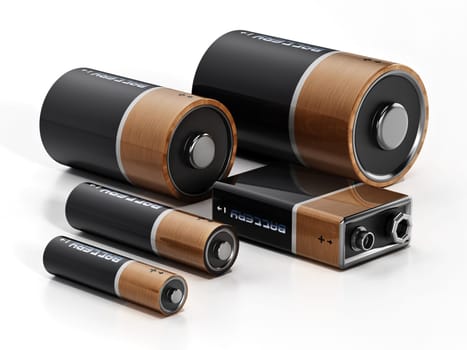 Group of various sized batteries isolated on white background. 3D illustration.