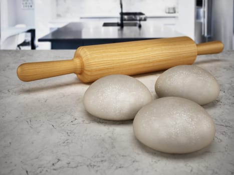 Rolling pin and fresh raw doughs standing on the kitchen counter. 3D illustration.