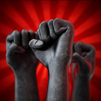 Black fists on red background. Diversity concept. 3D illustration.