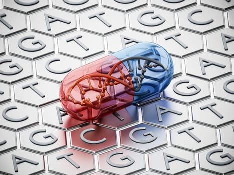 Capsule with DNA helix standing on adenine, thymine, cytosine and guanine background. 3D illustration.