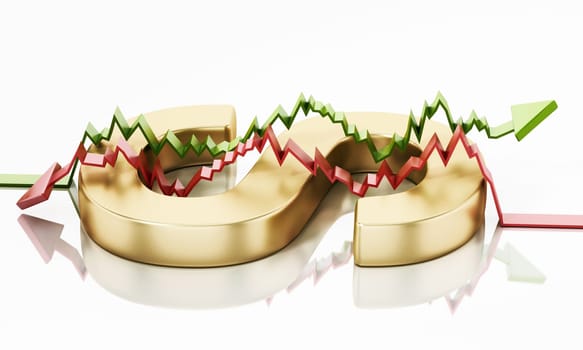 Rising and falling statistic arrows forming a dollar sign with letter S. 3D illustration.