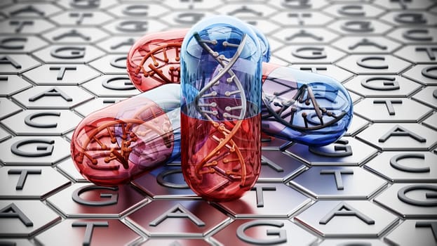 Capsule with DNA helix standing on adenine, thymine, cytosine and guanine background. 3D illustration.