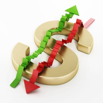 Rising and falling statistic arrows forming a dollar sign with letter S. 3D illustration.