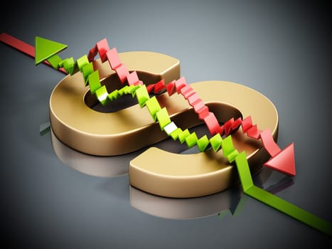 Rising and falling statistic arrows forming a dollar sign with letter S. 3D illustration.