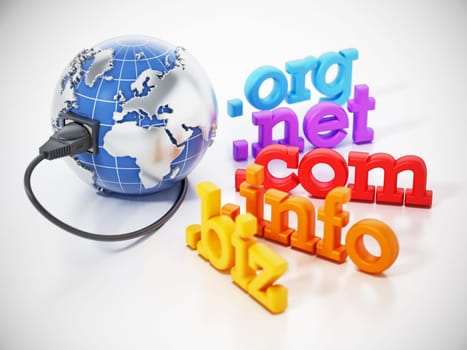 Domain name extensions around the globe with network cable. 3D illustration.