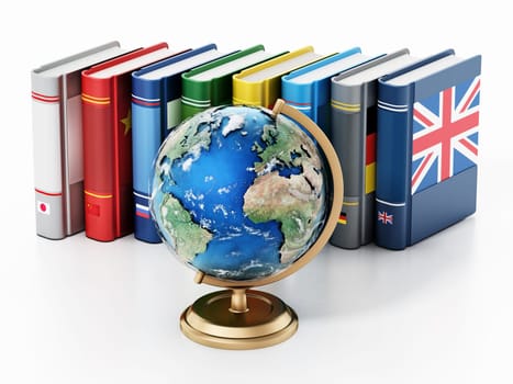 Earth globe model and dictionaries with various flags isolated on white background. 3D illustration.