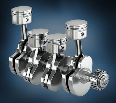 3D illustration of a car engine block and pistons. 3D illustration.