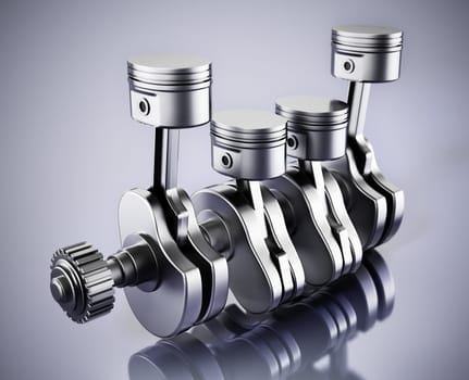 3D illustration of a car engine block and pistons. 3D illustration.