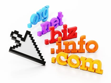 Domain names and cursor isolated on a white background. 3D illustration.
