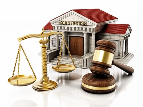 Courthouse,gavel and balanced scale isolated on white background. 3D illustration.