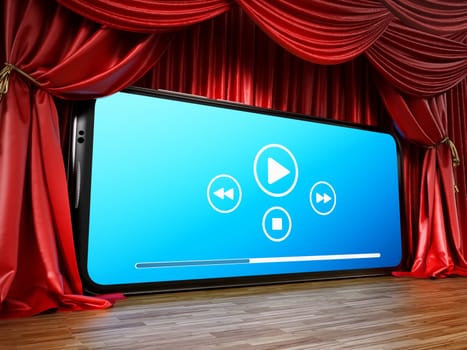 Smartphone with media control icons at the stage among red curtains. 3D illustration.
