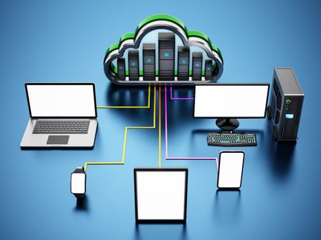 Smart devices connected to the cloud shaped servers. Cloud computing diagram. 3D illustration.