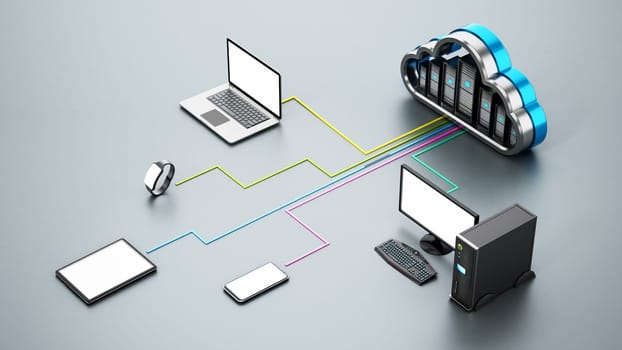 Smart devices connected to the cloud shaped servers. Cloud computing diagram. 3D illustration.