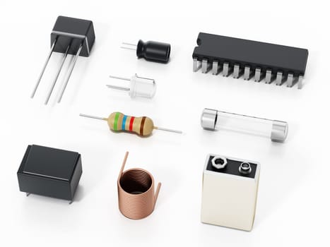 Spare electronic parts isolated on white background. 3D illustration.