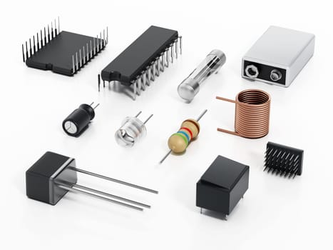 Spare electronic parts isolated on white background. 3D illustration.